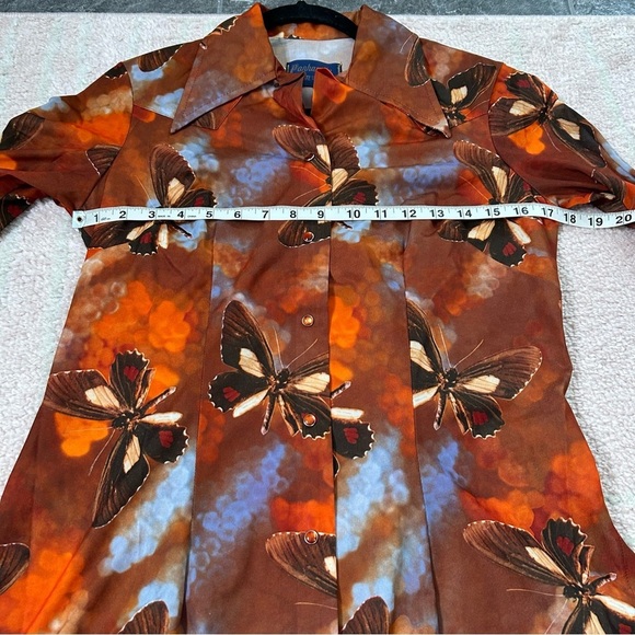 VNTG 70's Panhandle Slim Orange Blue Brown Butterfly Snap Front Shirt Size 14/36 - Picture 8 of 16